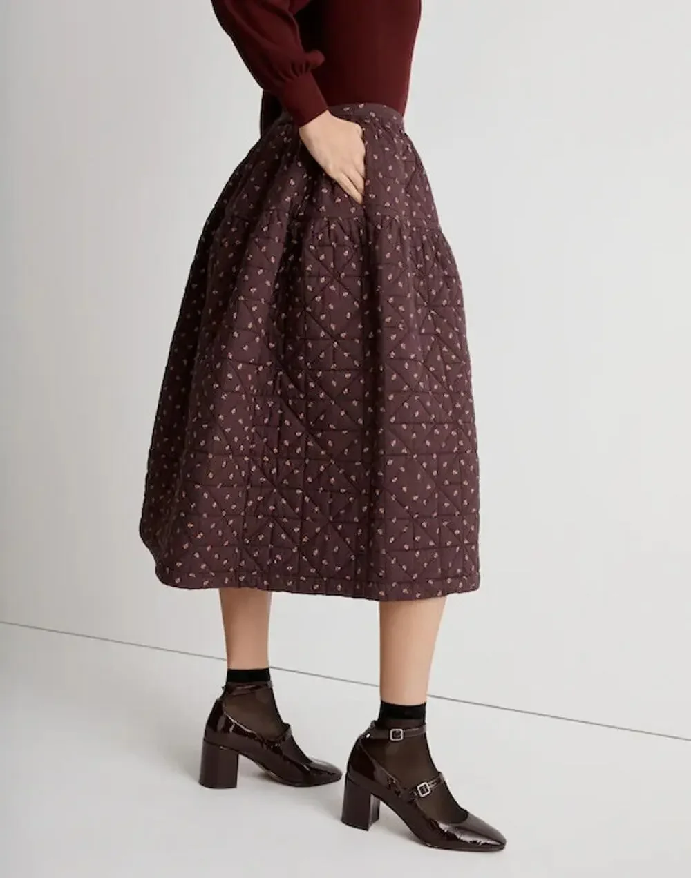 NWT Madewell Quilted Crinkle Cotton Midi Chocolate Raisin Charming Daisy Skirt M